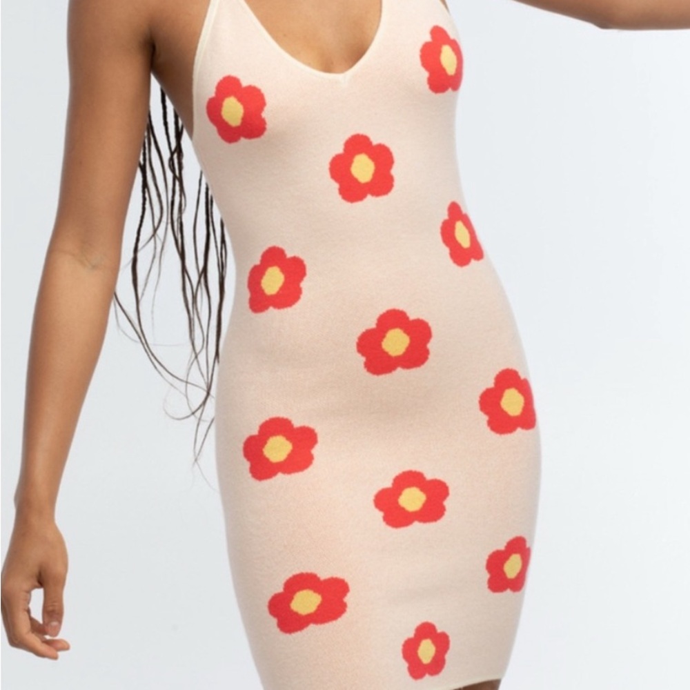 Floral Knit Dress in Cream with Red Accents